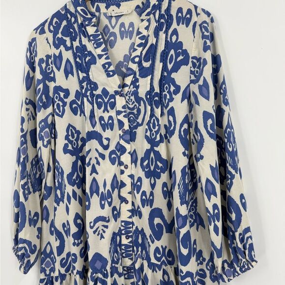 Salty Lemon Boho Print Button Front Tunic Dress in Ivory/Blue | Small - Picture 3 of 7